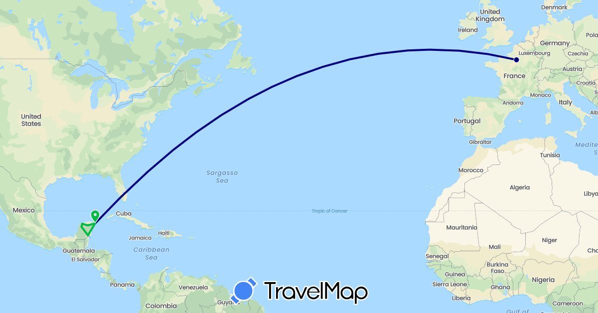 TravelMap itinerary: driving, bus in France, Mexico (Europe, North America)