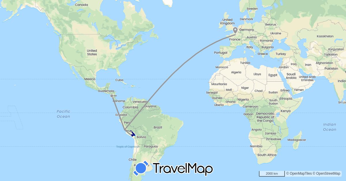 TravelMap itinerary: driving, bus, plane, train, hiking, boat in France, Nicaragua, Peru (Europe, North America, South America)