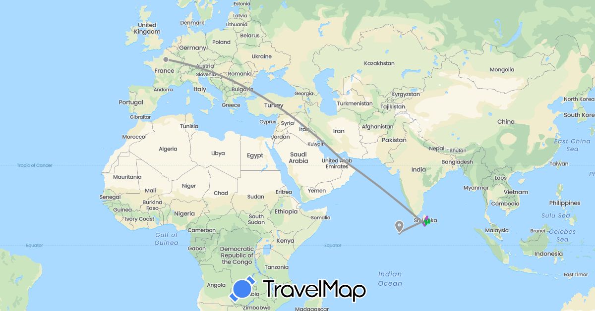 TravelMap itinerary: bus, plane, train in United Arab Emirates, France, Sri Lanka, Maldives (Asia, Europe)